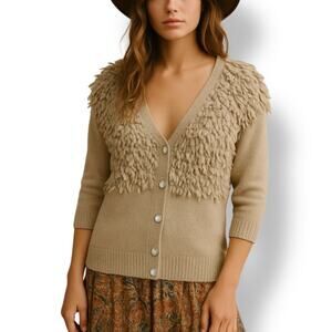 A.T by Atsuro Tayama Loop Knit 3/4 Sleeve Cardigan Sweater Tan Wool Alpaca 38